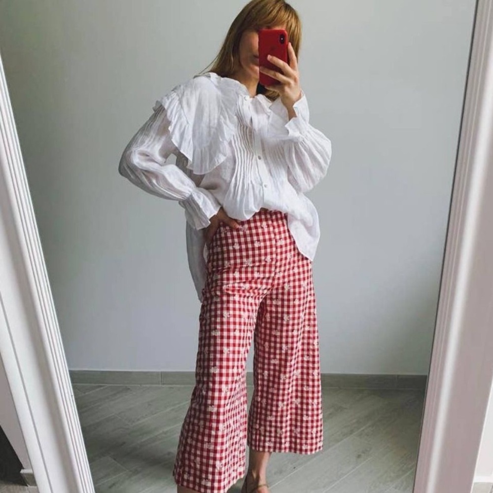 100% Linen Zara Shirt Blouse Big Collar Long Sleeve